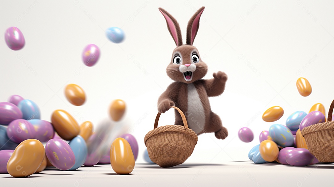 Personagem de coelhinho da Páscoa 3D correndo com uma cesta cheia de ovos