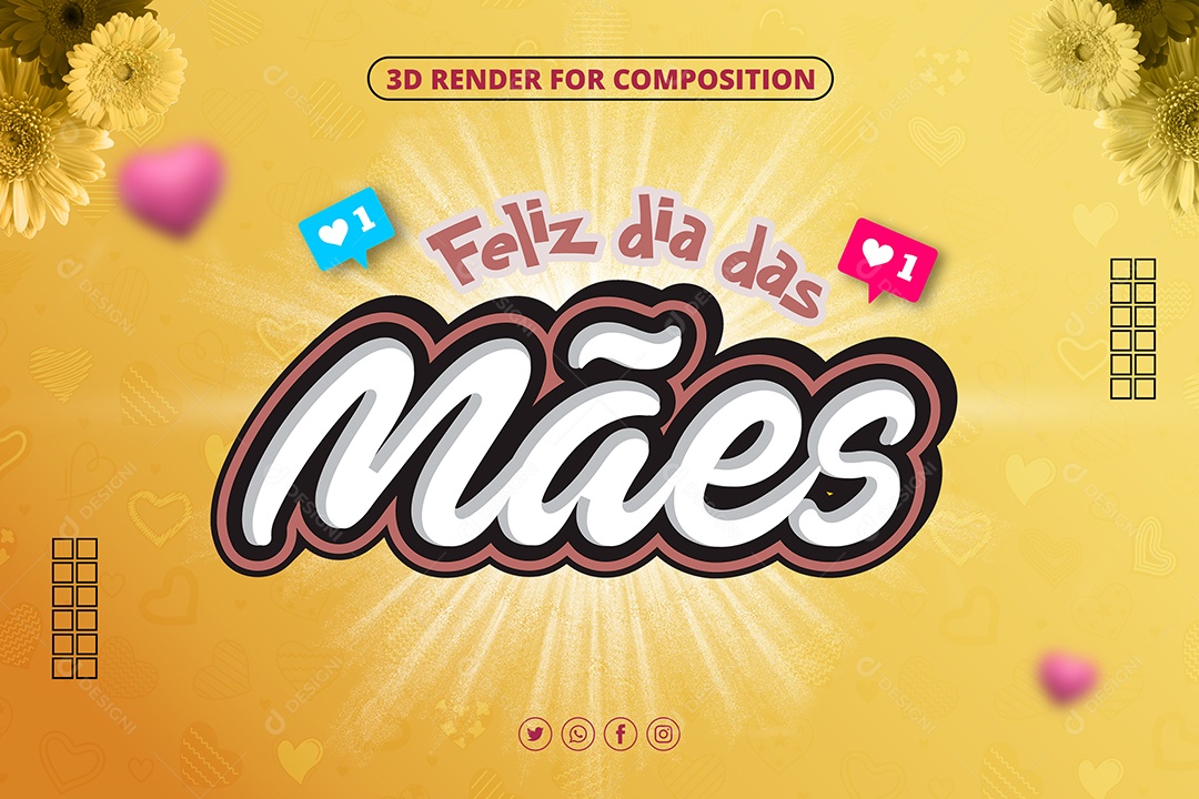 Feliz Dia das Mães Selo 3D Marron Branco para Composição PSD