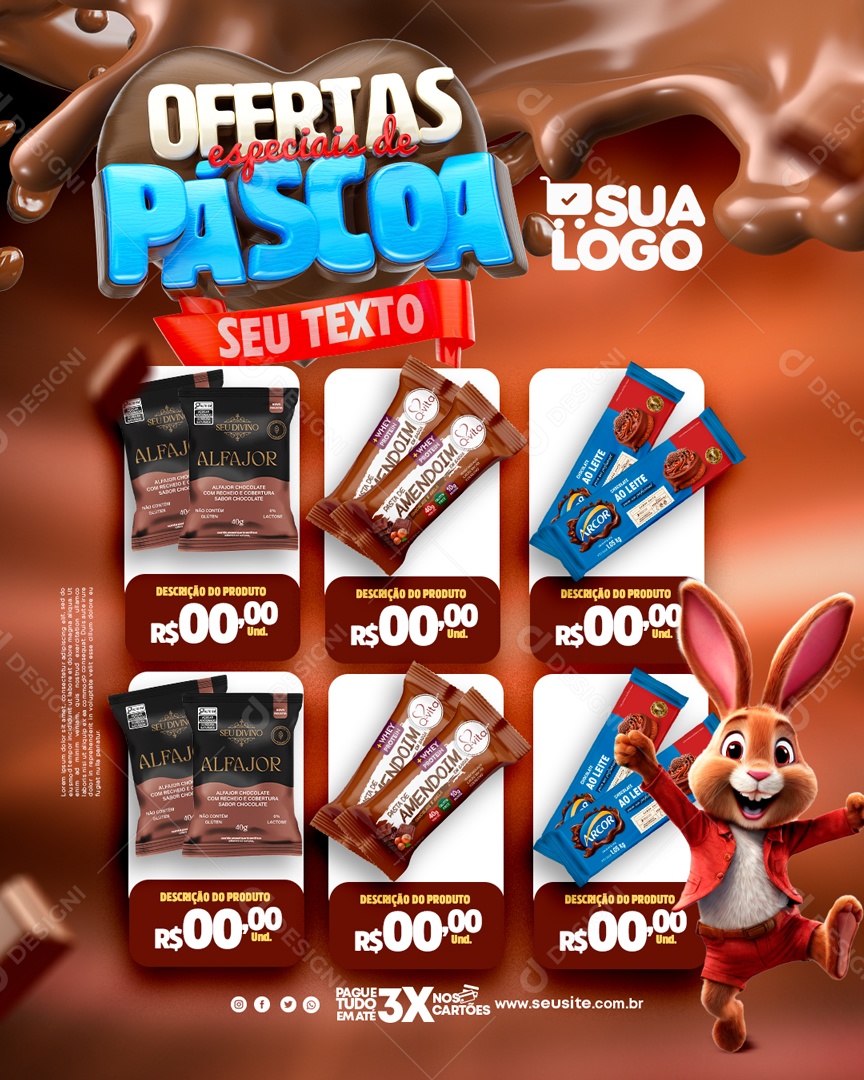 Encarte Ofretas Especial de Páscoa Alfajor Pasta de Amendoin Chocolate ao Leite Social Media PSD Editável