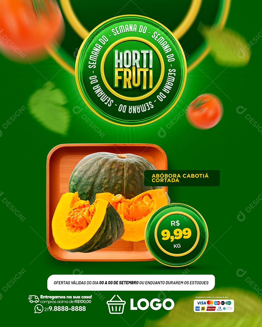 Hortifruti Supermercado Encarte Abóbora Cabotiá Corta Social Media PSD Editável