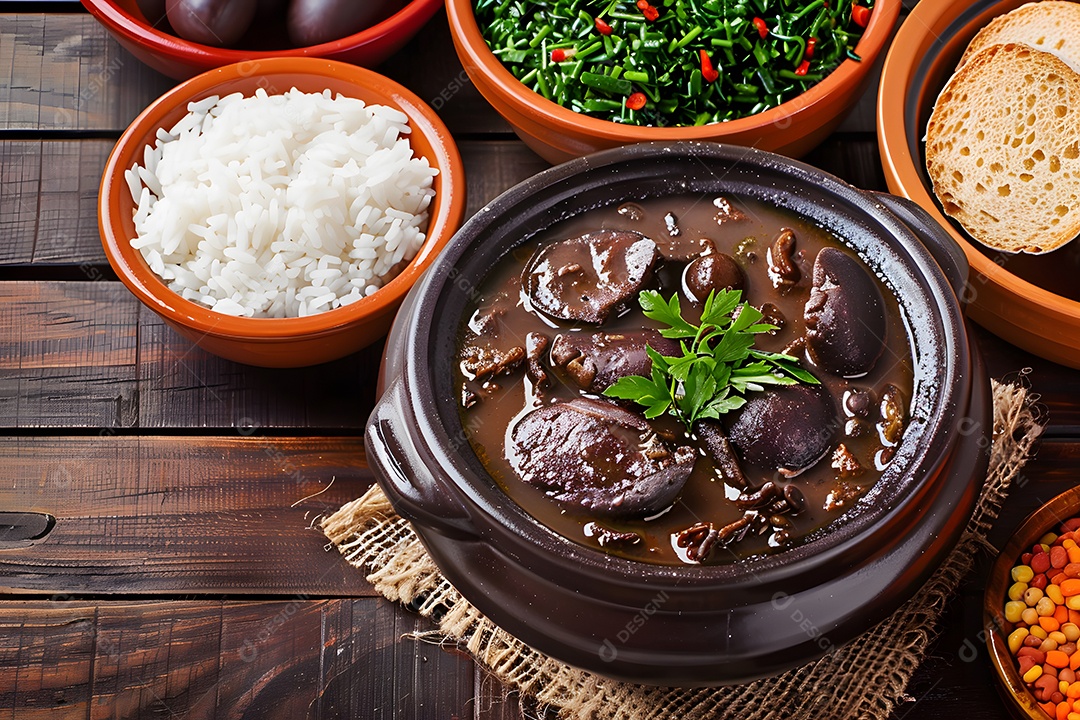 Feijoada deliciosa com guarnições sobre mesa de madeira