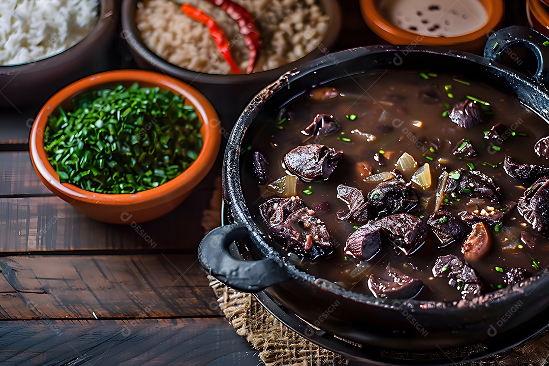 Feijaoda comleta sobre uma mesa de madeira