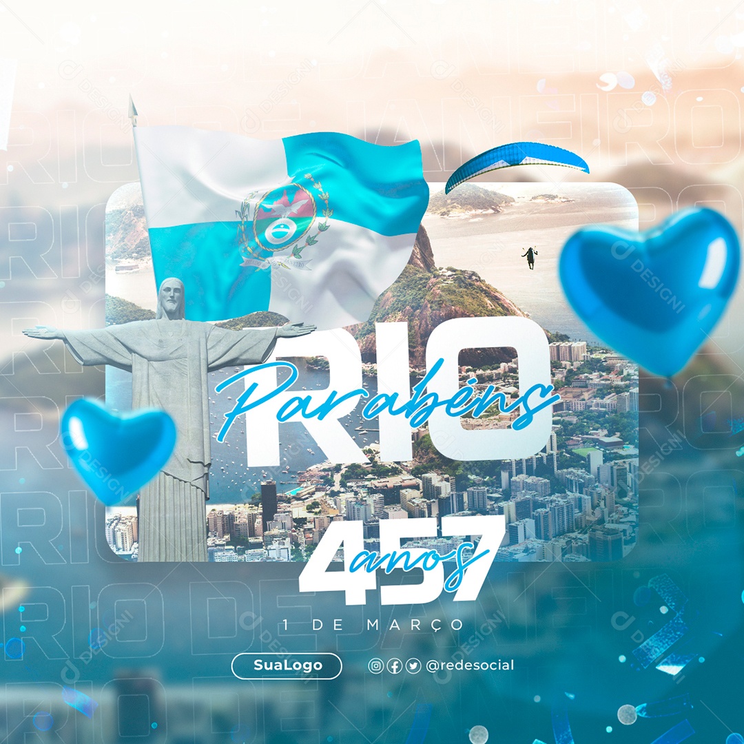 Social Media Rio de Janeiro 1 de Março 457 Anos Parabéns PSD Editável