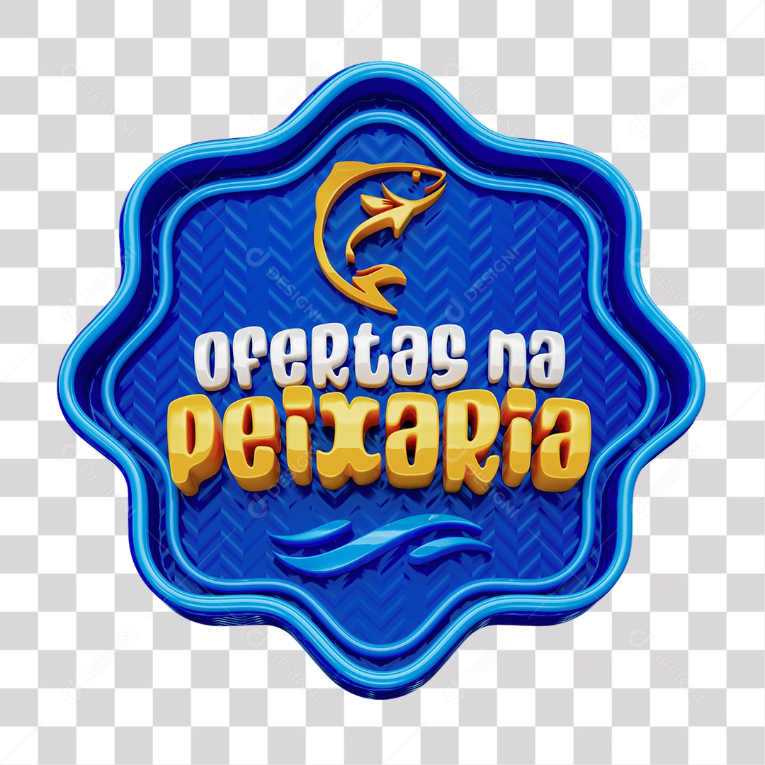 Ofertas na Peixaria Selo 3D Azul branco e amarelo para Composição PNG Transparente