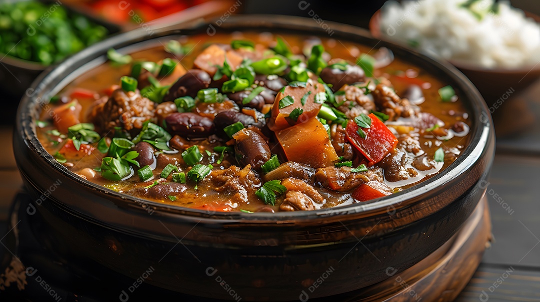 Caldo de feijão e linguiça com couve e arroz