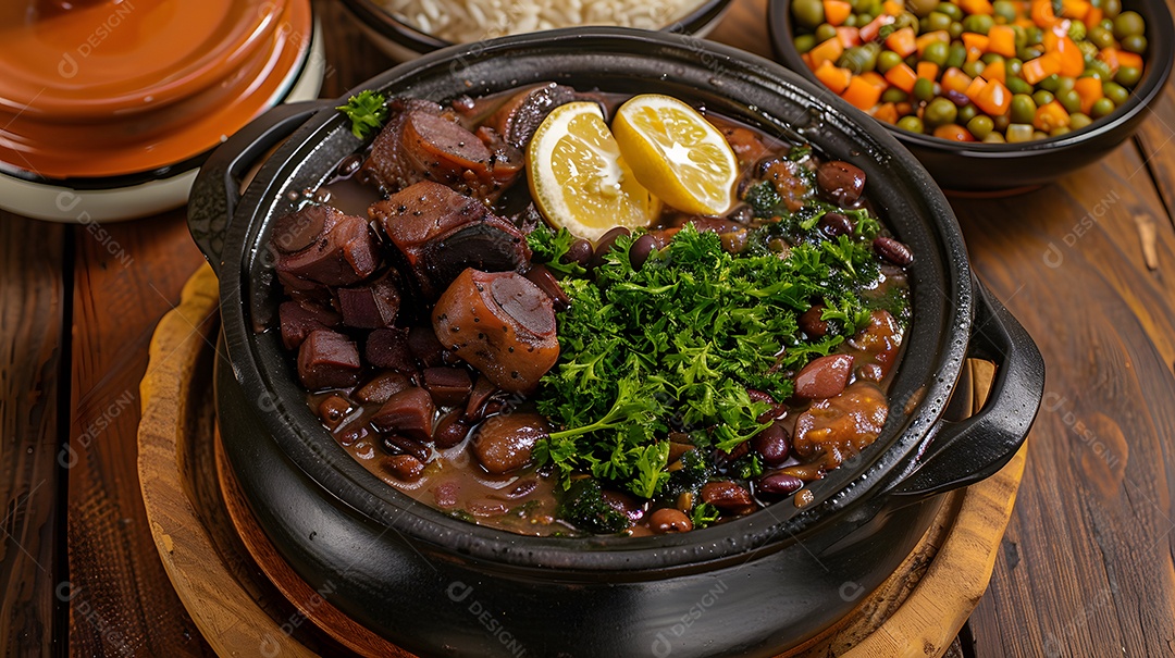 Feijoada completa sobre uma mesa de madeira