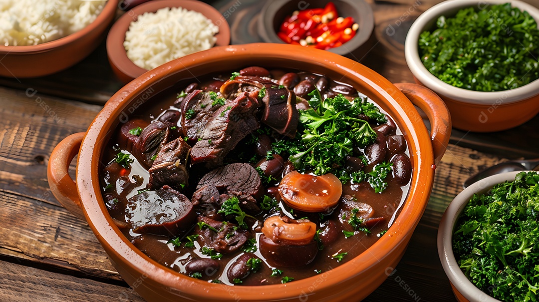 Feijoada com guarnições sobre uma mesa