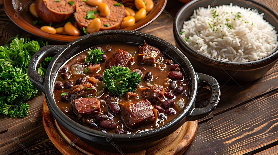 Feijoada com arroz e guarnições ao lado