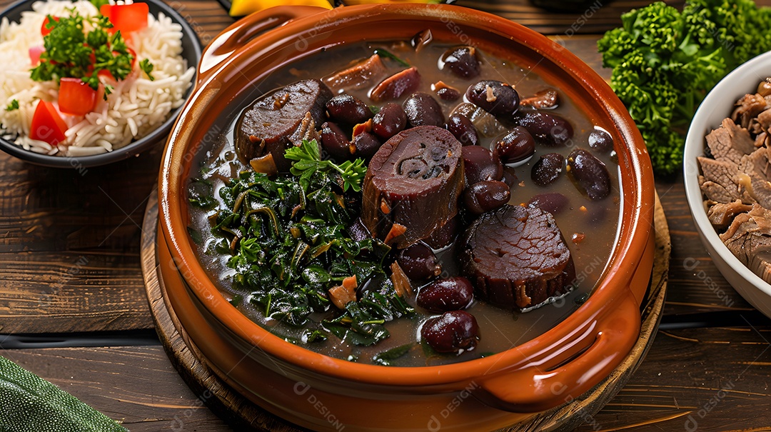 Caldo de feijão e linguiça com couve e arroz