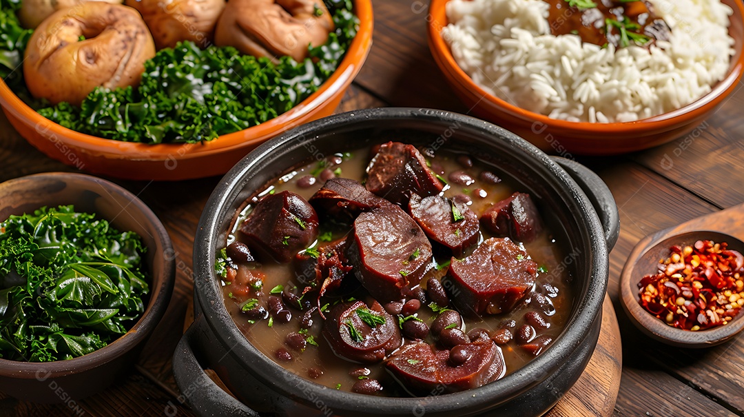 Caldo de feijão e linguiça com couve e arroz
