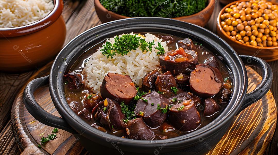 Caldo de feijão e linguiça com couve e arroz
