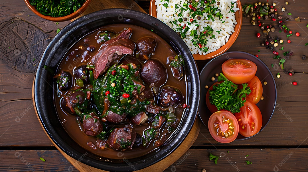 Feijoada completa sobre uma mesa de madeira