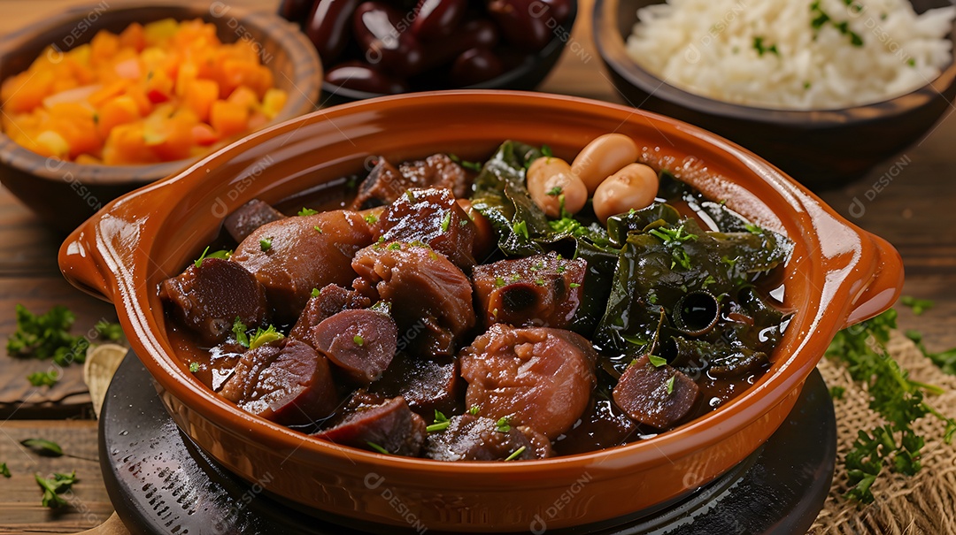 Feijoada completa sobre uma mesa de madeira