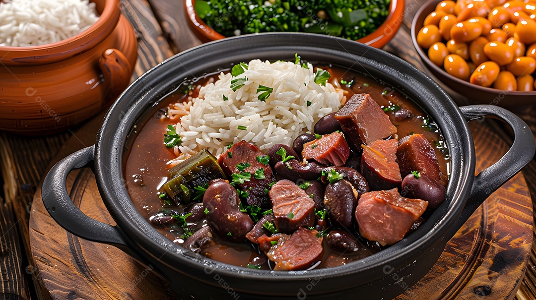 Feijoada completa sobre uma mesa de madeira