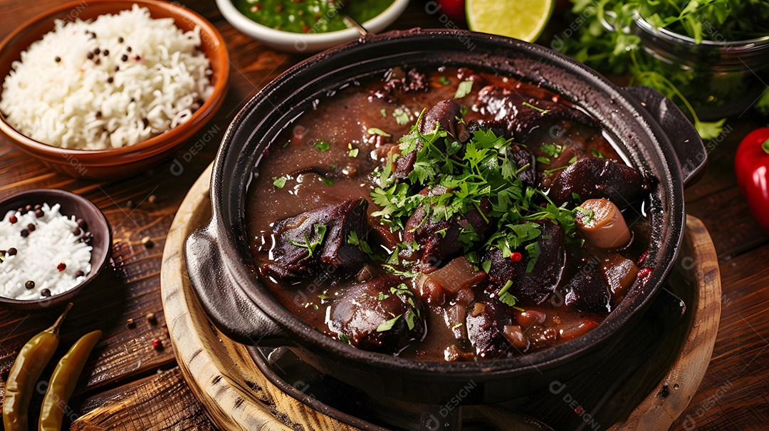 Feijoada completa sobre uma mesa de madeira