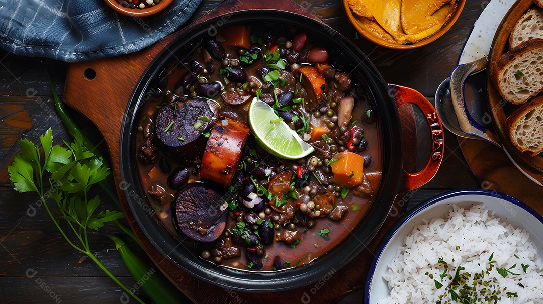 Feijoada deliciosa com guarnições completa sobre mesa de madeira