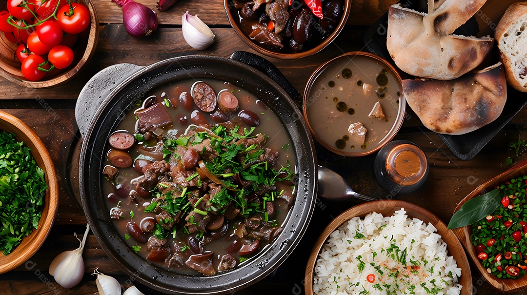 Feijoada completa sobre uma mesa de madeira