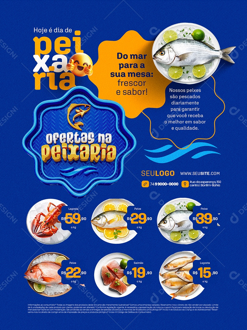 Ofertas na Peixaria Encarte Lagosta Salmão e Peixe Social Media PSD Editável