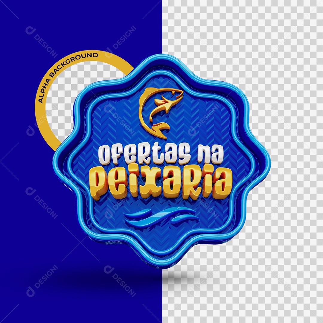 Ofertas na Peixaria Selo 3D Azul branco e amarelo para Composição PSD