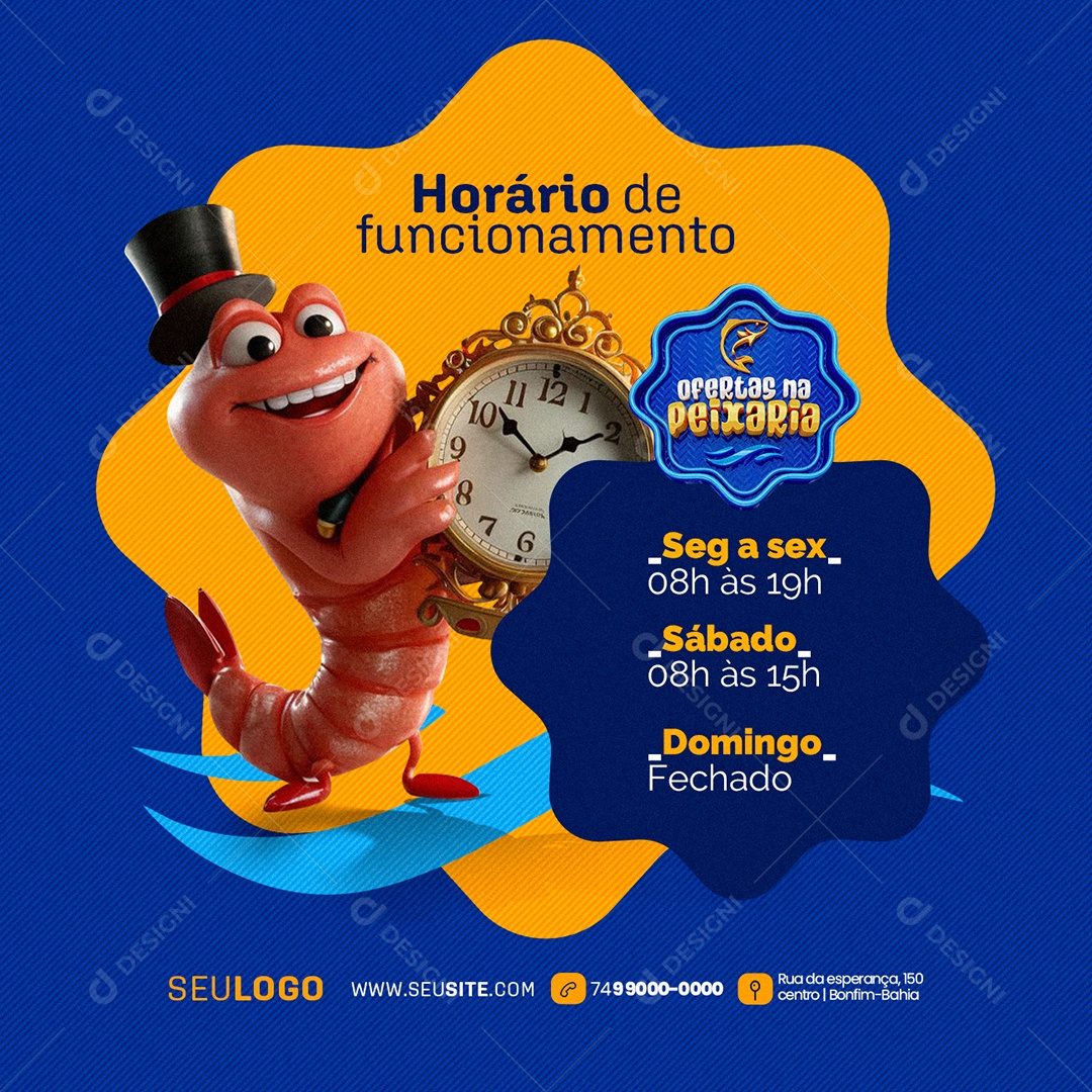 Ofertas na Peixaria Horário de funcionamento Social Media PSD Editável