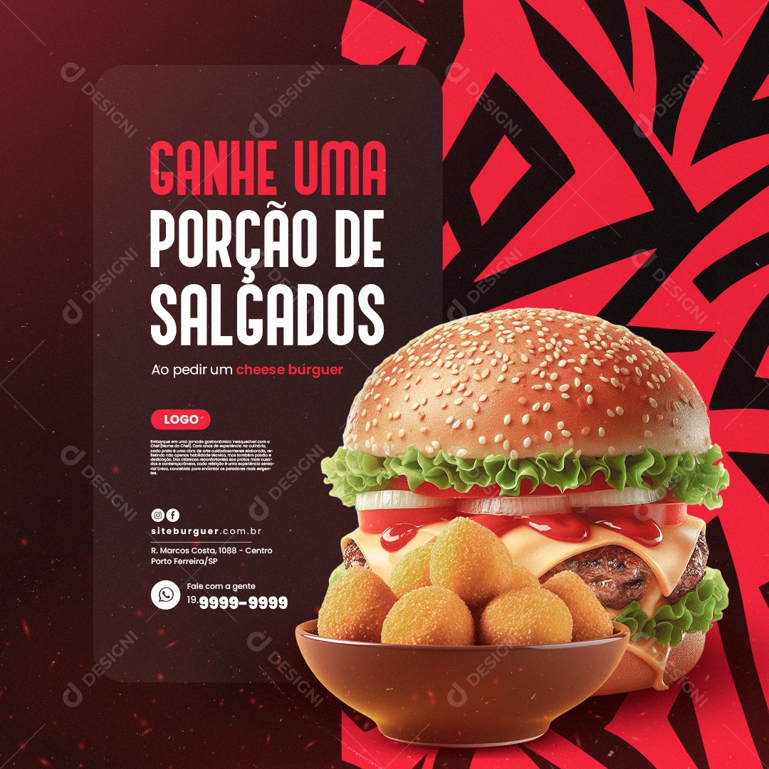 Hamburgueria Ganhe uma Porção de Salgados Social Media PSD Editável