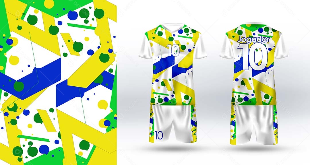 Uniforme de Futebol Verde Amarelo e branco Ilustração AI Editável