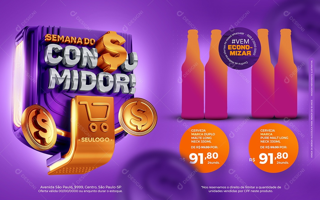 Banner Semana do Consumidor Supermercado Cerveja long neck Social Media PSD Editável