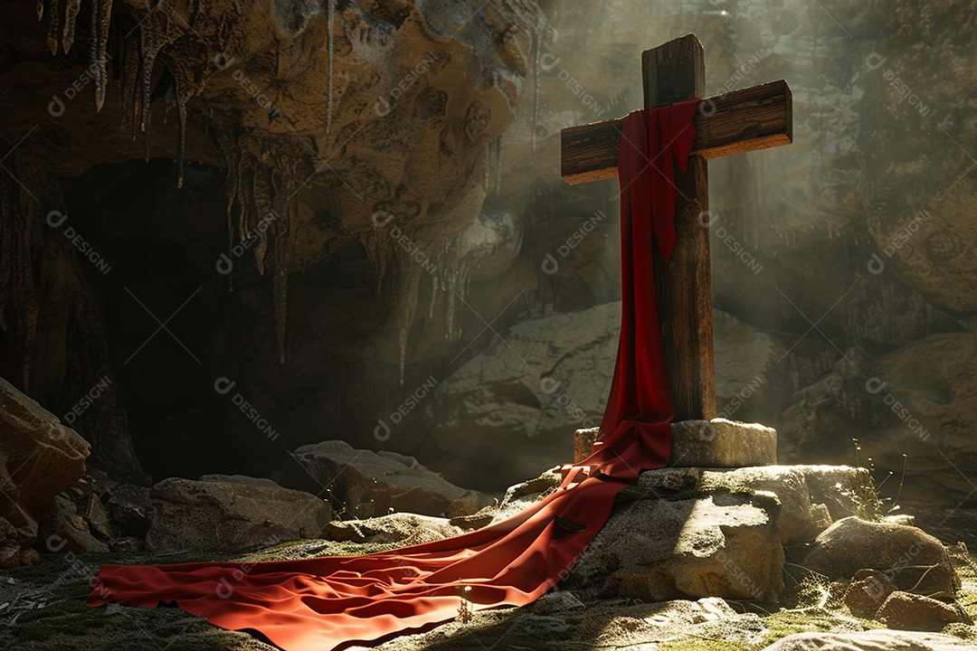 Cruz com pano vermelho na frente de um calvário renderizado realista