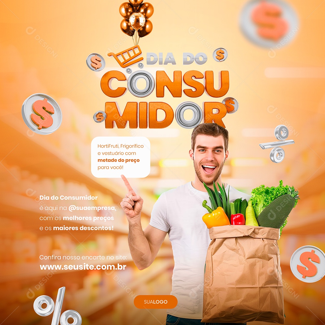 Dia do Consumidor Supermercado Hortifruti Frigorífico Social Media PSD Editável