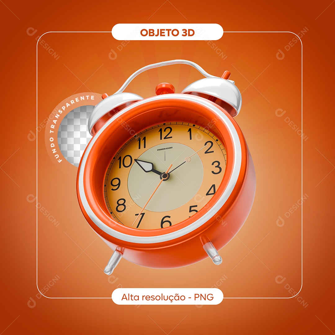 Elemento 3D Alarme Relógio Despertador Objeto Laranja e Branco para Composição PSD