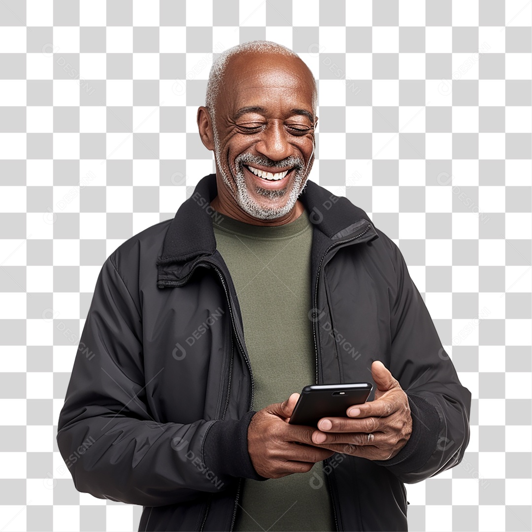 Homem Sorrindo Alegre com Celular nas Mãos PNG Transparente