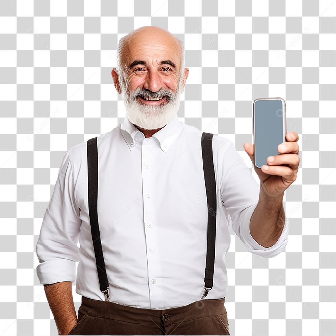 Homem Sorrindo Alegre com Celular nas Mãos PNG Transparente