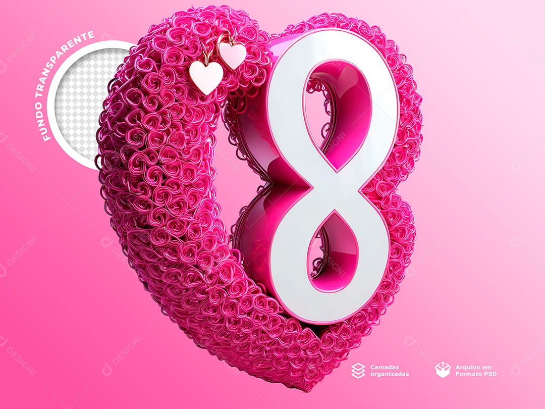 Número 8 e Coração de Flores Elemento 3D para Composição PSD