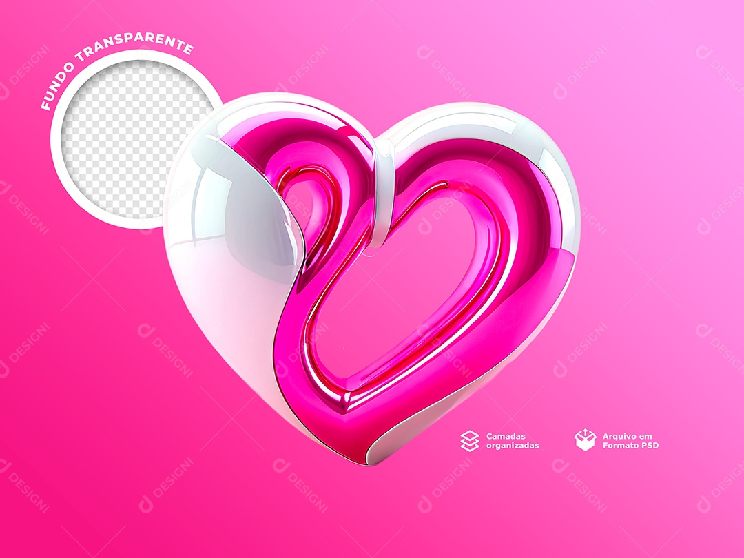Coração Elemento 3D Rosa Branco para Composição PSD