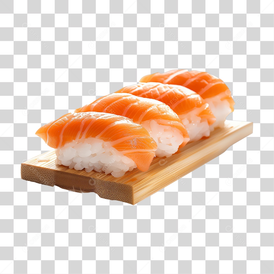 Niguiri Sushi Salmão em Cima de Tábua PNG Transparente