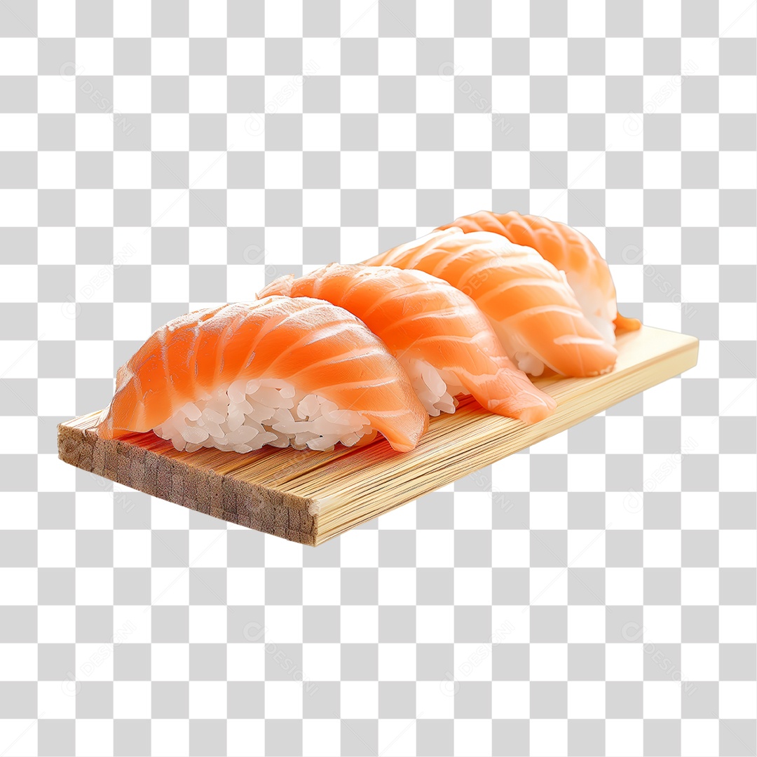 Niguiri Sushi Salmão em Cima de Tábua PNG Transparente