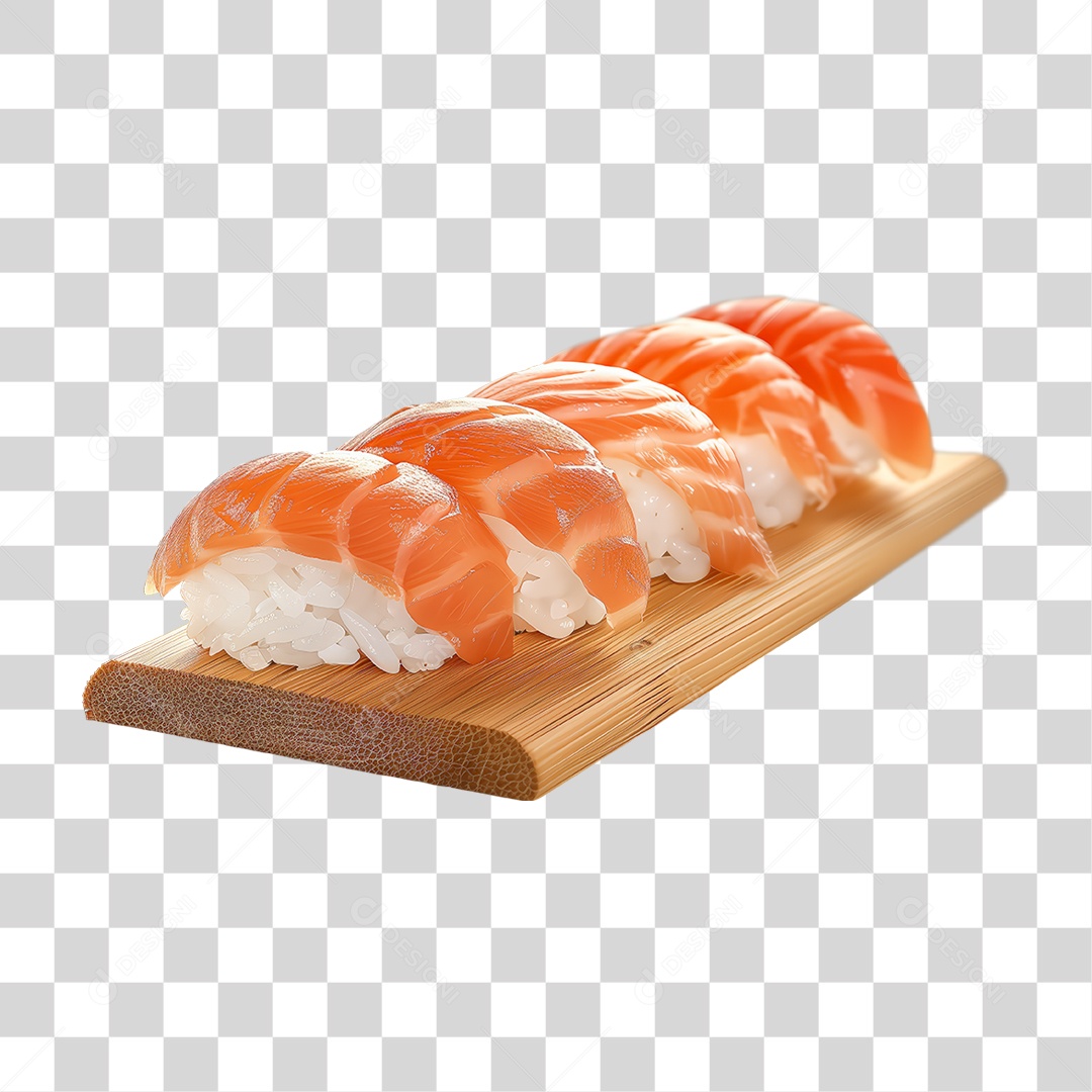 Niguiri Sushi Salmão em Cima de Tábua PNG Transparente