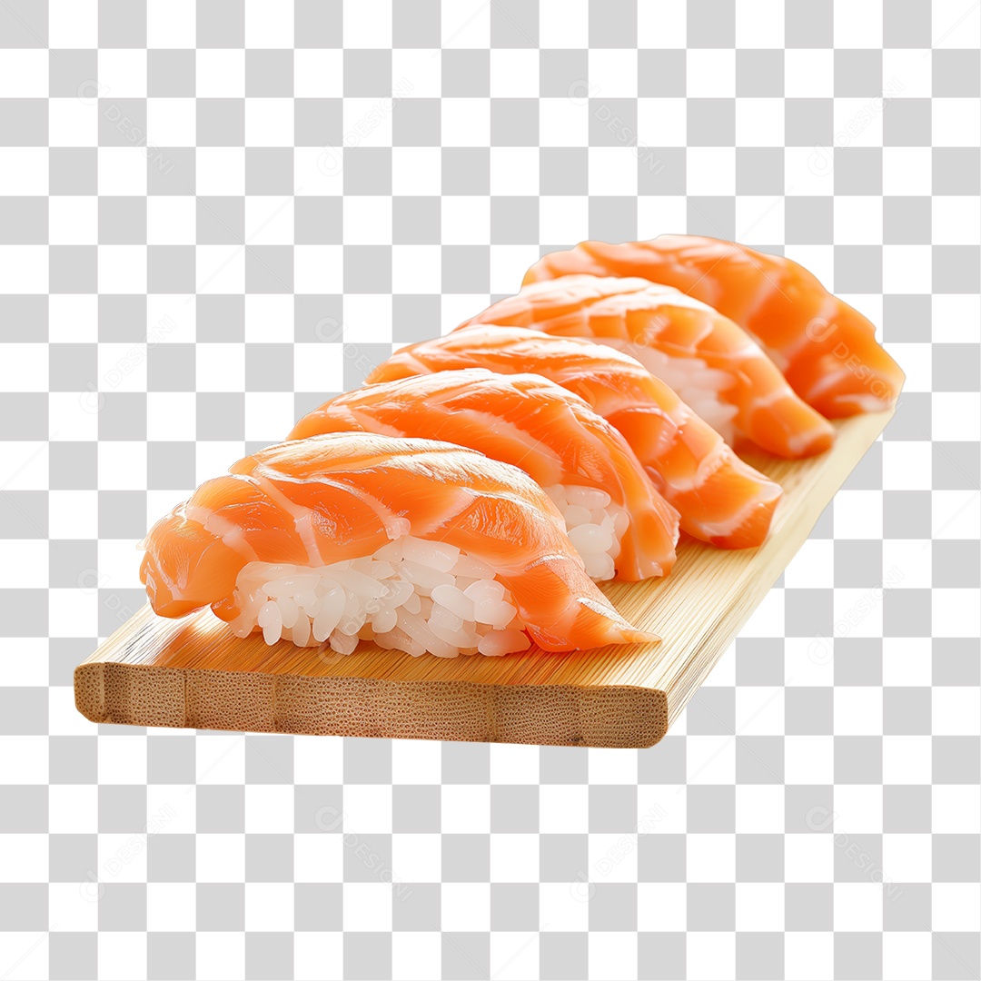 Niguiri Sushi Salmão em Cima de Tábua PNG Transparente