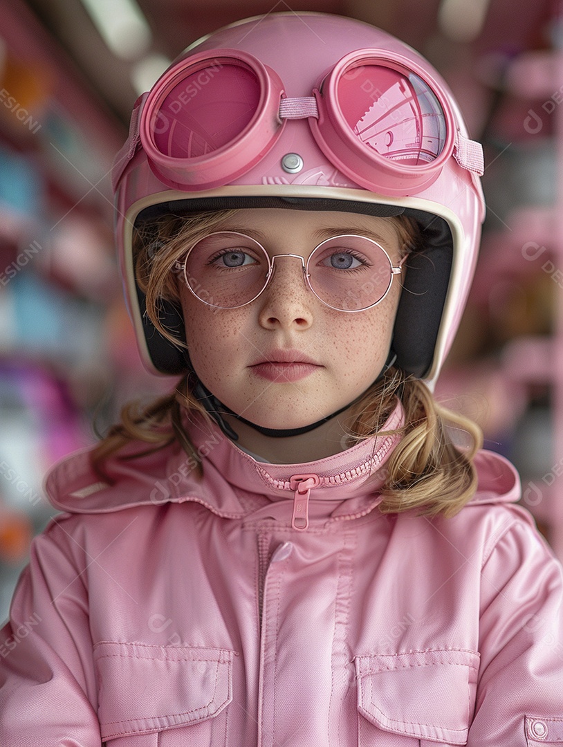 Uma criança com roupa e capacete rosa brilhante