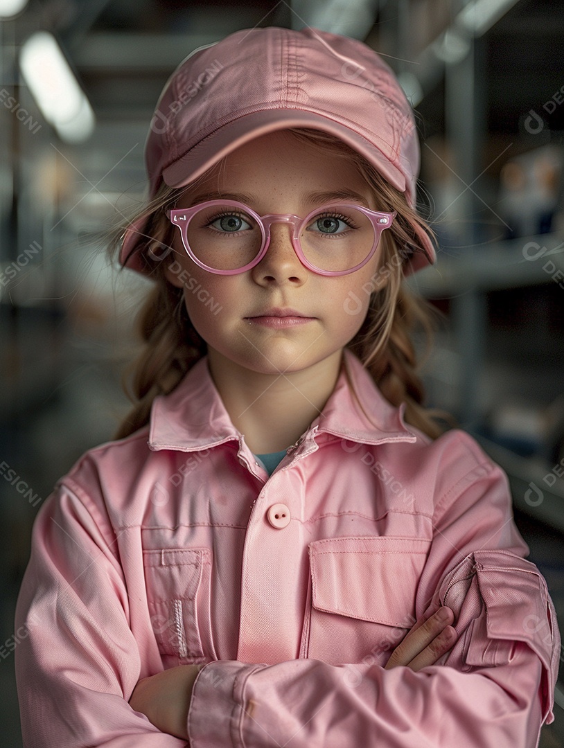 Uma criança com roupa e capacete rosa brilhante