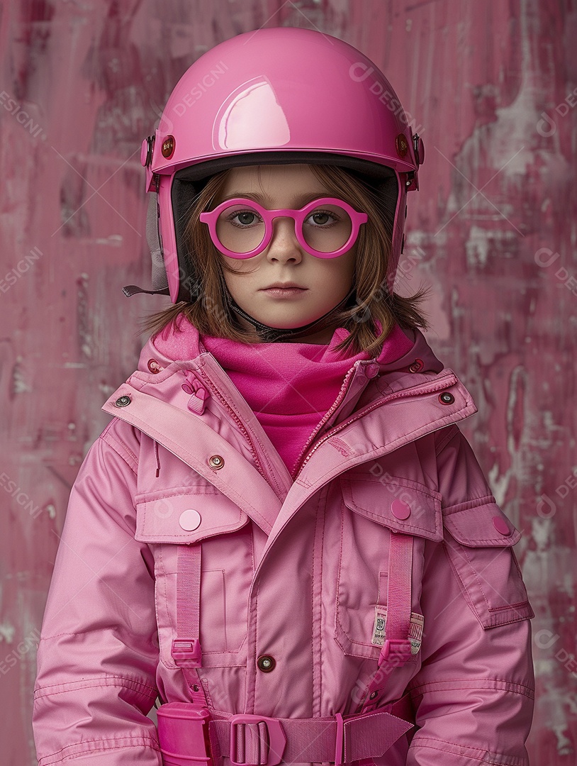 Uma criança com roupa e capacete rosa brilhante