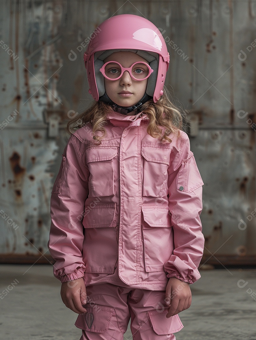 Uma criança com roupa e capacete rosa brilhante