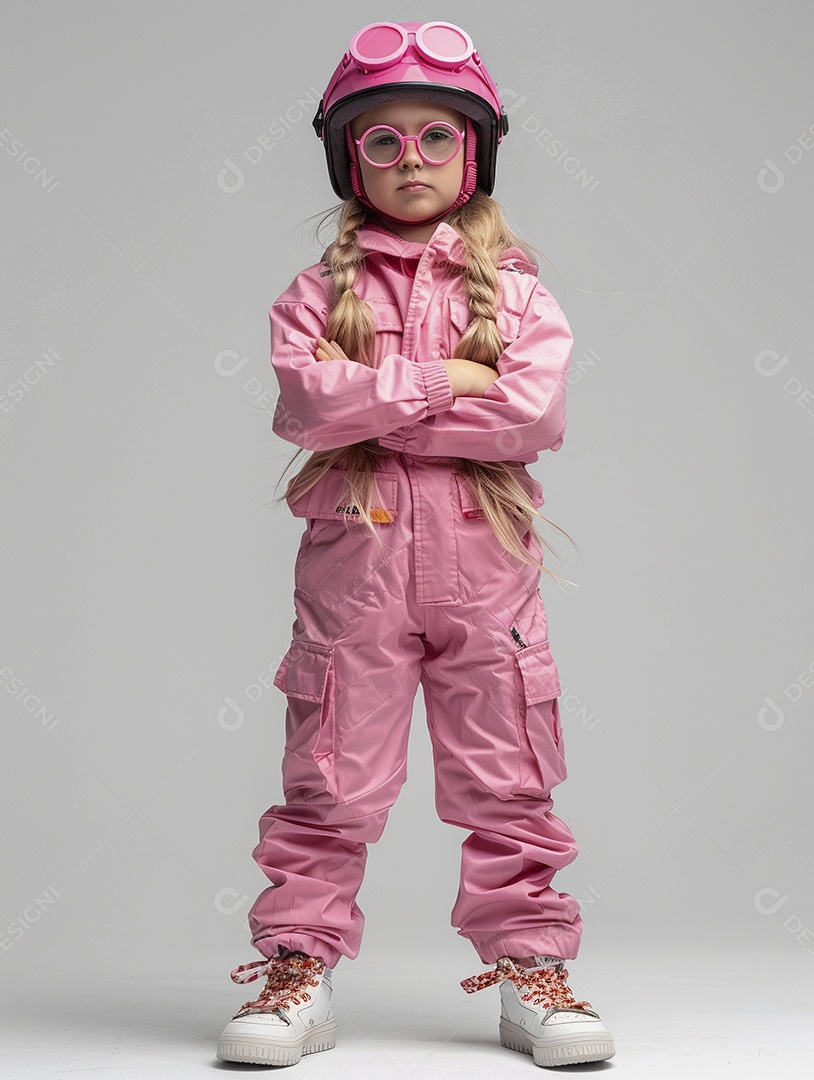 Uma criança com roupa e capacete rosa brilhante