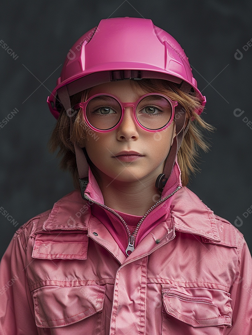 Uma criança com roupa e capacete rosa brilhante