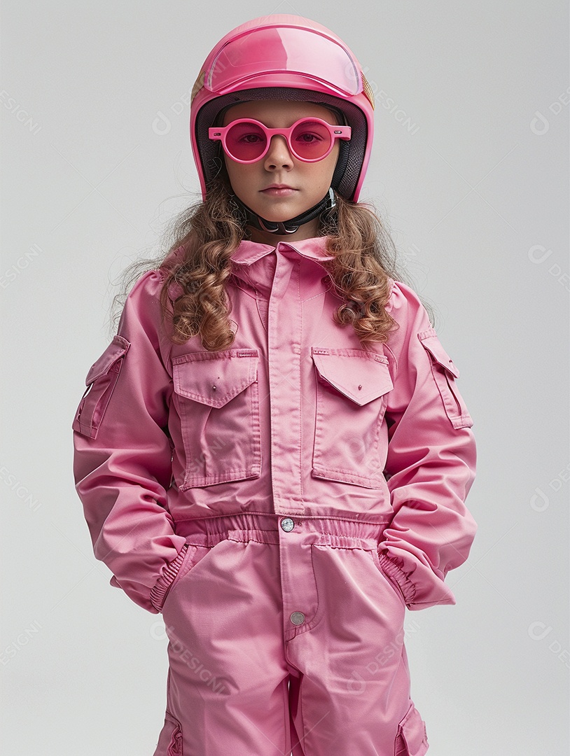 Uma criança com roupa e capacete rosa brilhante