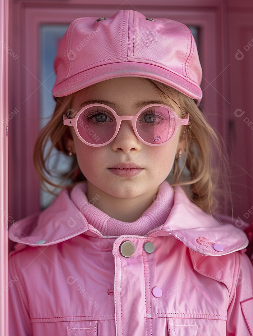 Uma criança com roupa e capacete rosa brilhante