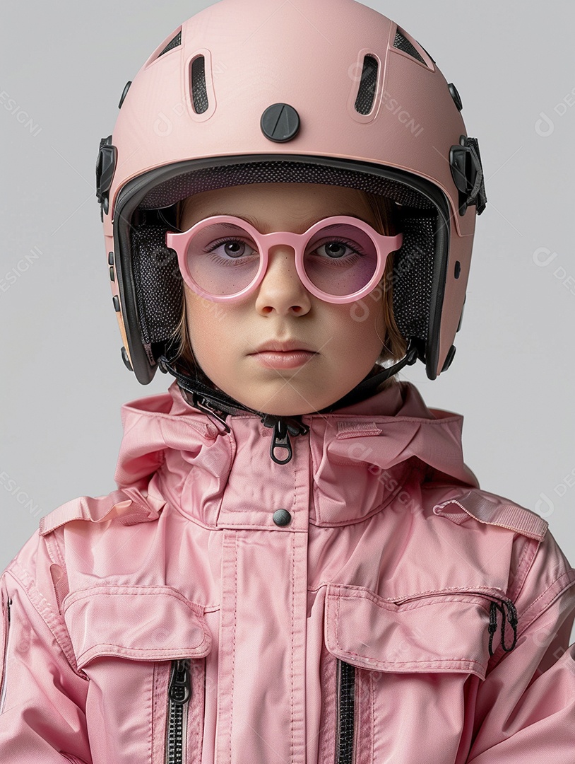 Uma criança com roupa e capacete rosa brilhante