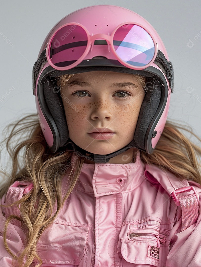 Uma criança com roupa e capacete rosa brilhante
