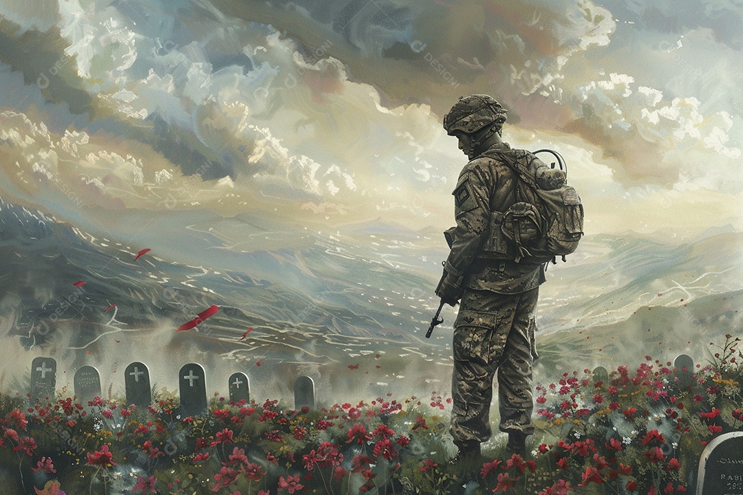 Um soldado está olhando flores e túmulos americanos