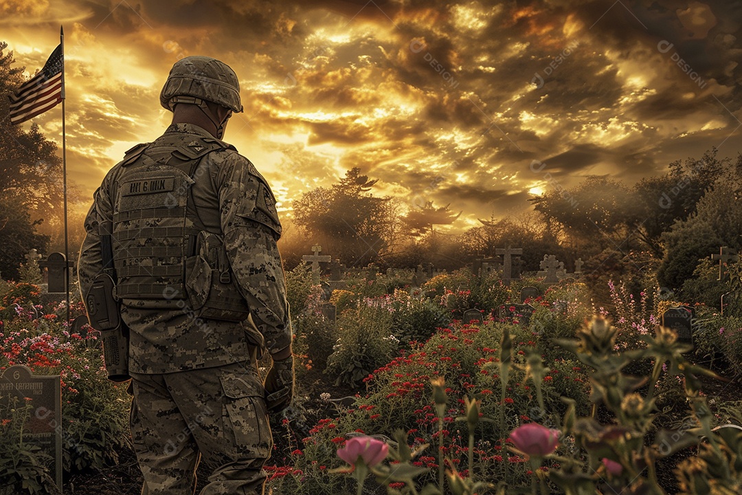 Um soldado está olhando flores e túmulos americanos